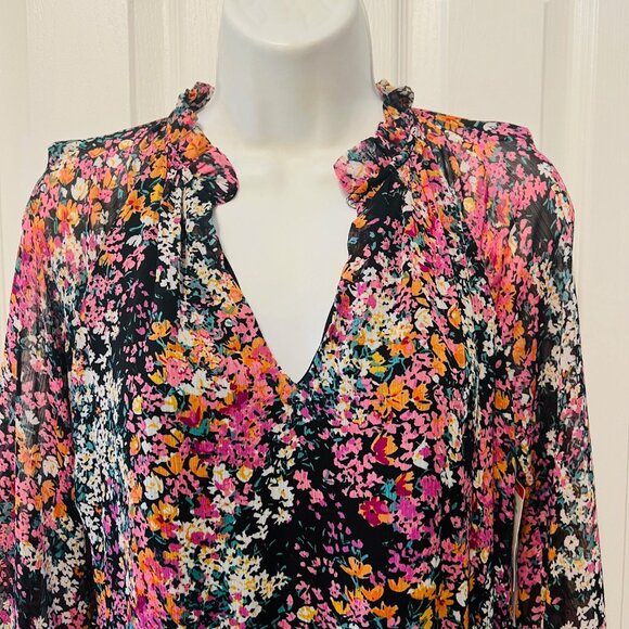 Vince Camuto-NWT-X Small-Vibrant Floral Puffed Long Sleeve-V Neck Mini Bl/Pk Mix - Picture 2 of 16